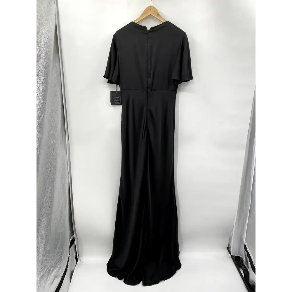 Ieena Mac Duggal 8 Black Satin Flutter Sleeve NWT